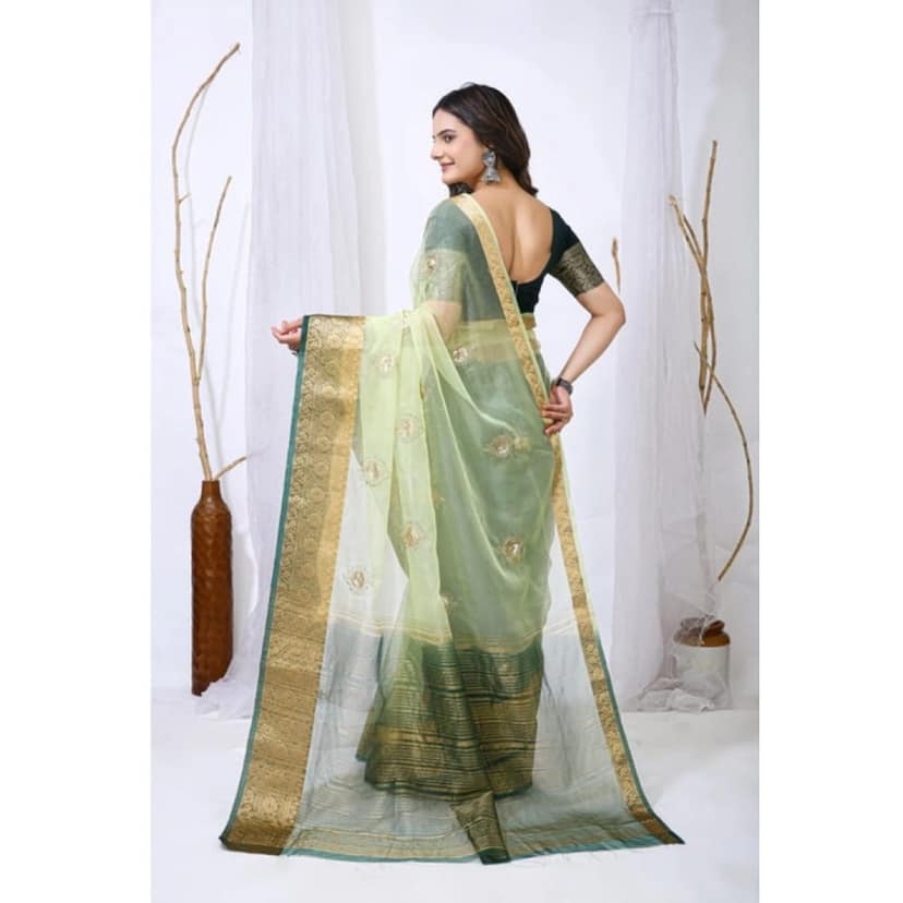 womens orgenza jacquard embellished saree with unstitched blouse 5mtr light green pid63037 view 2
