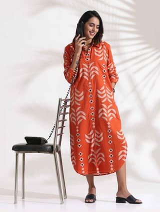 trueBrowns Orange Cotton Print Shirt Dress - Orange (3XL)
