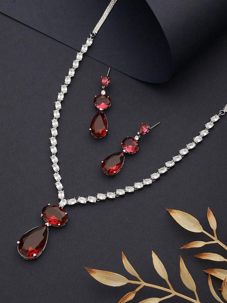 Rhodium Red Ruby Luxe Designer Contemporary Pendant Jewellery Set view 3