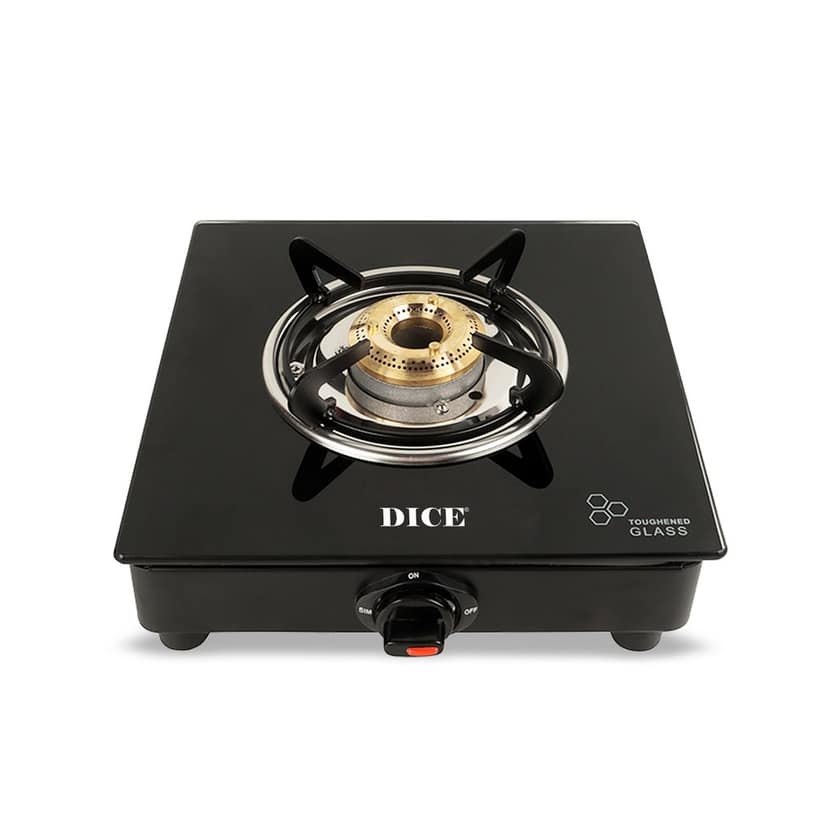 Dice 1 Burner Manual Gas Stove Toughened Glass Top, High-Efficiency Brass Burner, Sleek & Compact Design(Black)