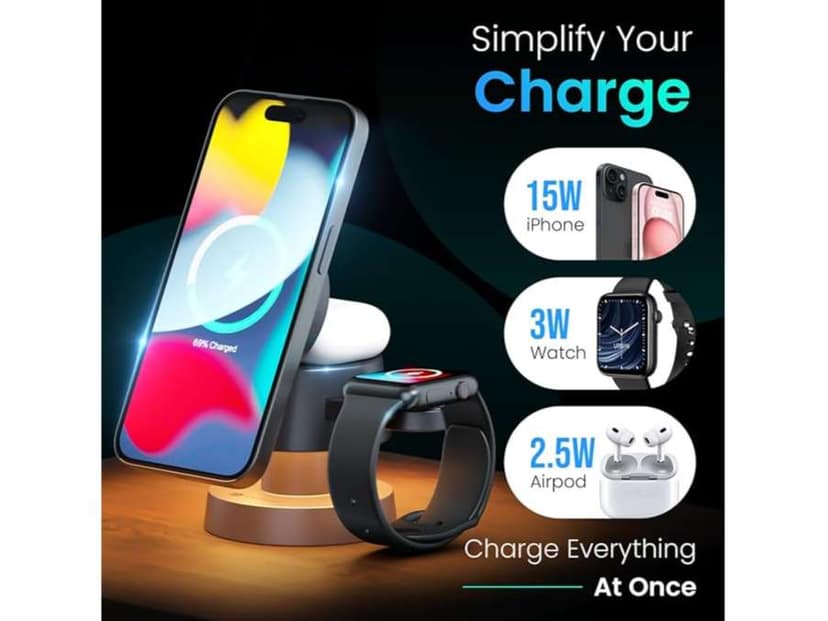 Portronics TriCharge 4-in-1 Fast Charging Wireless Charger for iPhone with Night Lamp, Wireless Charging for Airpods & Apple Watch, MagSafe Compatible, for iPhone view 2
