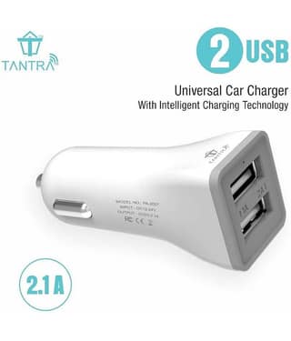 Tantra Dual USB 2.1Amp Mobile Car Charger for All Smartphones, Tablets, Kindle, Digital Camera (White and Grey)