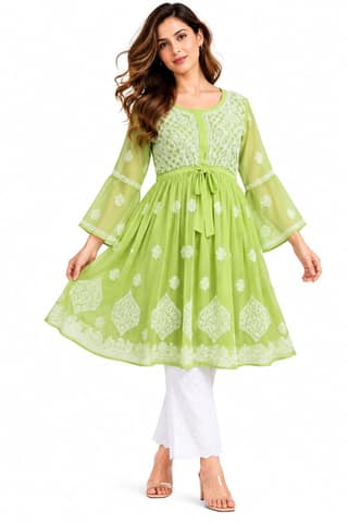 Mrs Right Women’s Short Georgette Gown Frock with Handcrafted Lucknowi Chikankari Embroidery | Umbrella Sleeves | Adjustable Waist Belt | Thigh Length