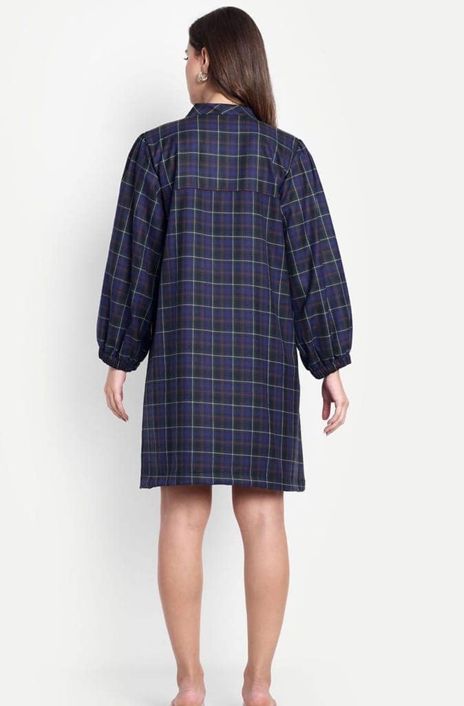 Women's Blue Plaid Long Sleeve Bow Neck Mini Dress view 3