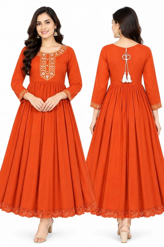 Women Solid Embroidered Anarkali Gown with 3/4 Sleeves, Lace Border and Back Tassel | Ethnic Festive Wear view 2