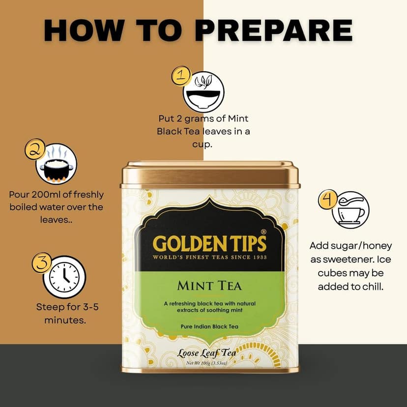 Golden Tips Healthy/Natural and Organic Loose Leaves Mint Flavour Black Tea Tin Can (100 Gram, 50 Cups) view 3