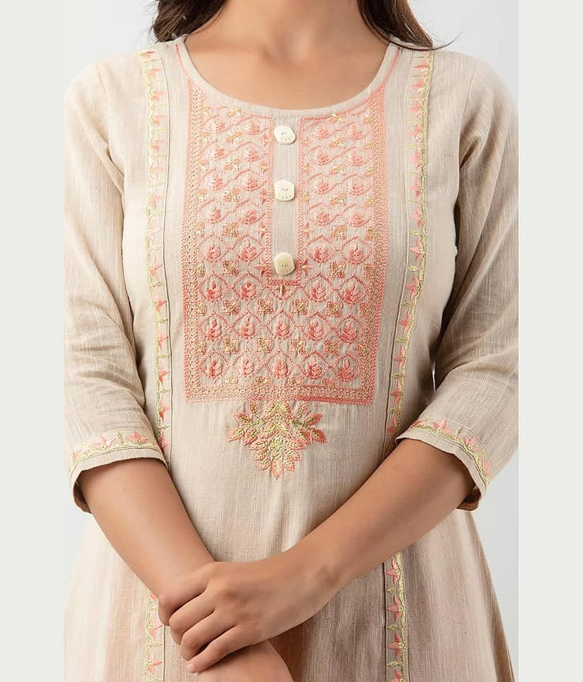 MAUKA - Beige Cotton Women's A-line Kurti ( Pack of 1 ) view 2