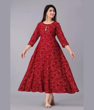 Smien Rayon Printed Anarkali Women's Kurti - Red ( Pack of 1 )
