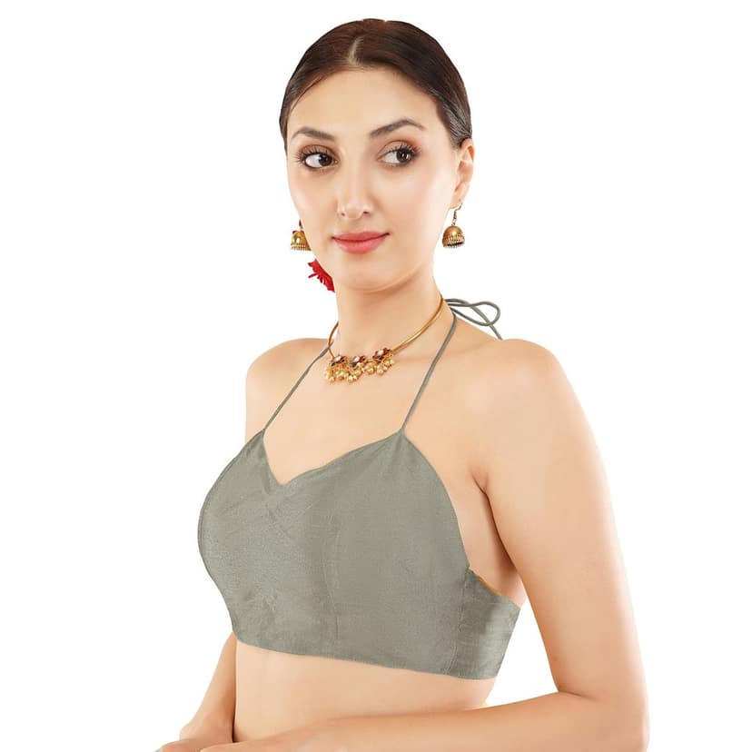 Designer Poly Dupion Silk Padded Blouse with Dori, Bollywood Choli Indian Ethnic Blouse (32, Grey) view 3