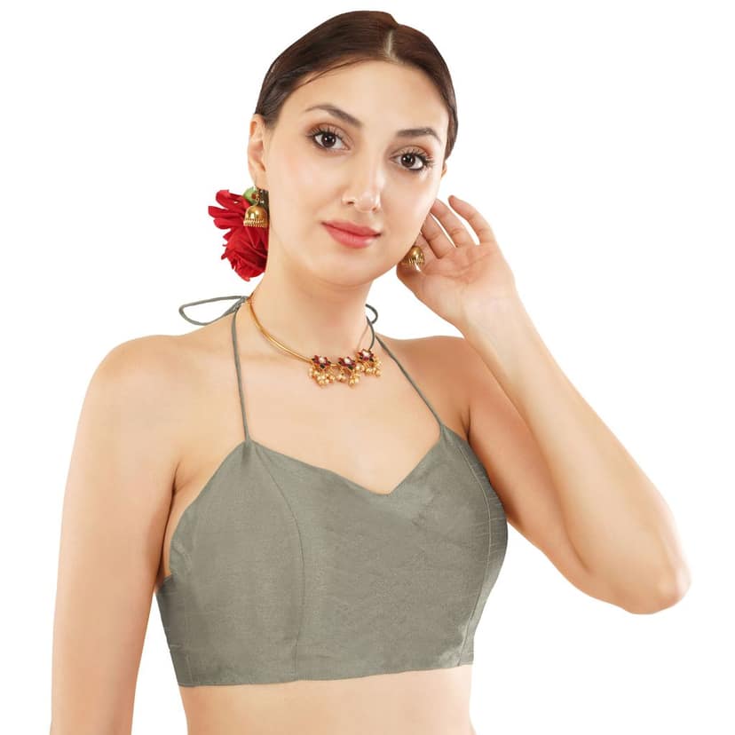 Designer Poly Dupion Silk Padded Blouse with Dori, Bollywood Choli Indian Ethnic Blouse (32, Grey) view 4