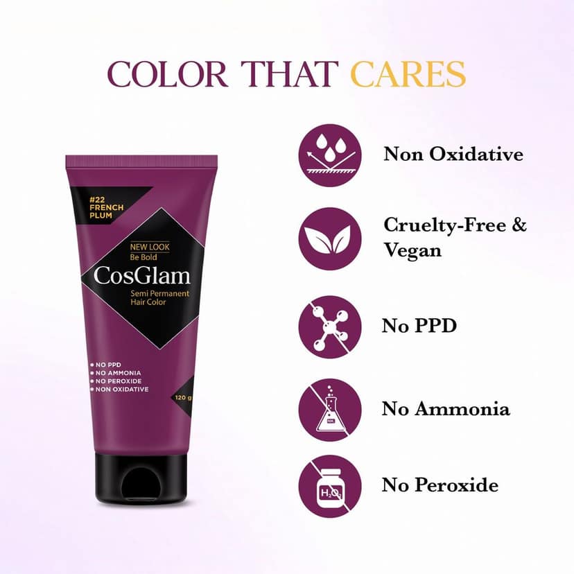 COSGLAM Semi Permanent Hair Color, No Peroxide, Non Oxidative, Ammonia Free Hair Colour 22 French Plum - 120gm view 3