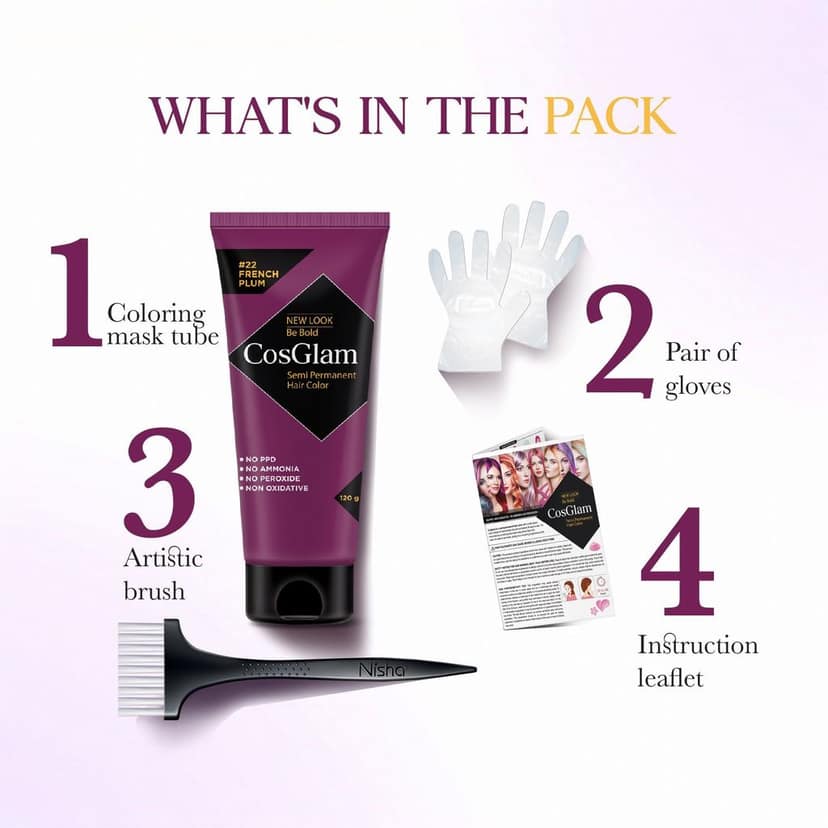 COSGLAM Semi Permanent Hair Color, No Peroxide, Non Oxidative, Ammonia Free Hair Colour 22 French Plum - 120gm view 6