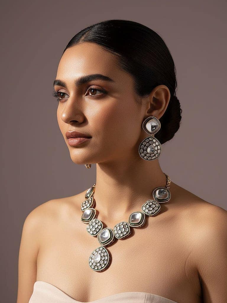 Gold Antique Kundan Jadau Uncut Polki Statement Jewellery Set view 3