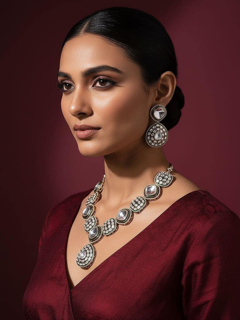 Gold Antique Kundan Jadau Uncut Polki Statement Jewellery Set view 4