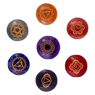Seven Chakra Symbol Reiki Crystal Healing Set of 7 pcs with Box Reiki Engraved Natural Crystal Round Reiki Set_pri_008(KI_08) by Krishna Impex