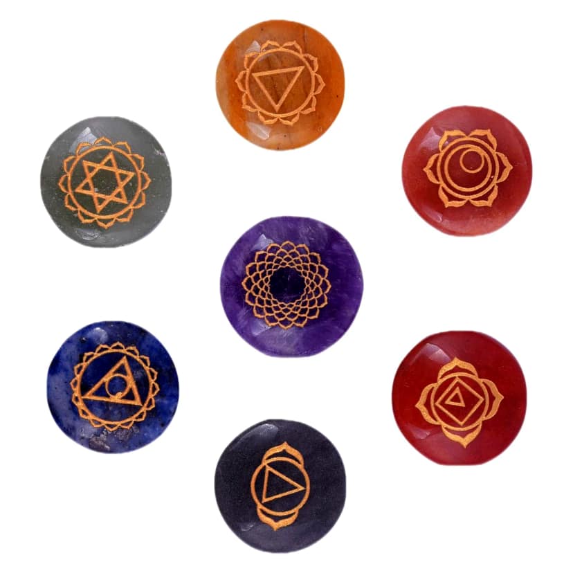 Seven Chakra Symbol Reiki Crystal Healing Set of 7 pcs with Box Reiki Engraved Natural Crystal Round Reiki Set_pri_008(KI_08) by Krishna Impex