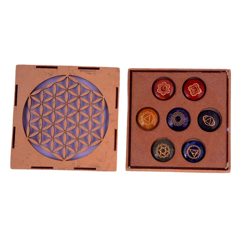 Seven Chakra Symbol Reiki Crystal Healing Set of 7 pcs with Box Reiki Engraved Natural Crystal Round Reiki Set_pri_008(KI_08) by Krishna Impex view 2