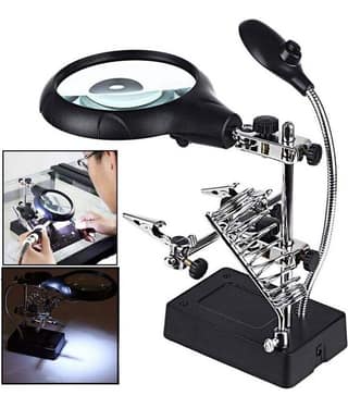 Magnifier with Magnifying Glass, Soldering Iron Helping Hand Holder Tool Stand, LED Light and Clamps to Hold PCB Includes Power Supply