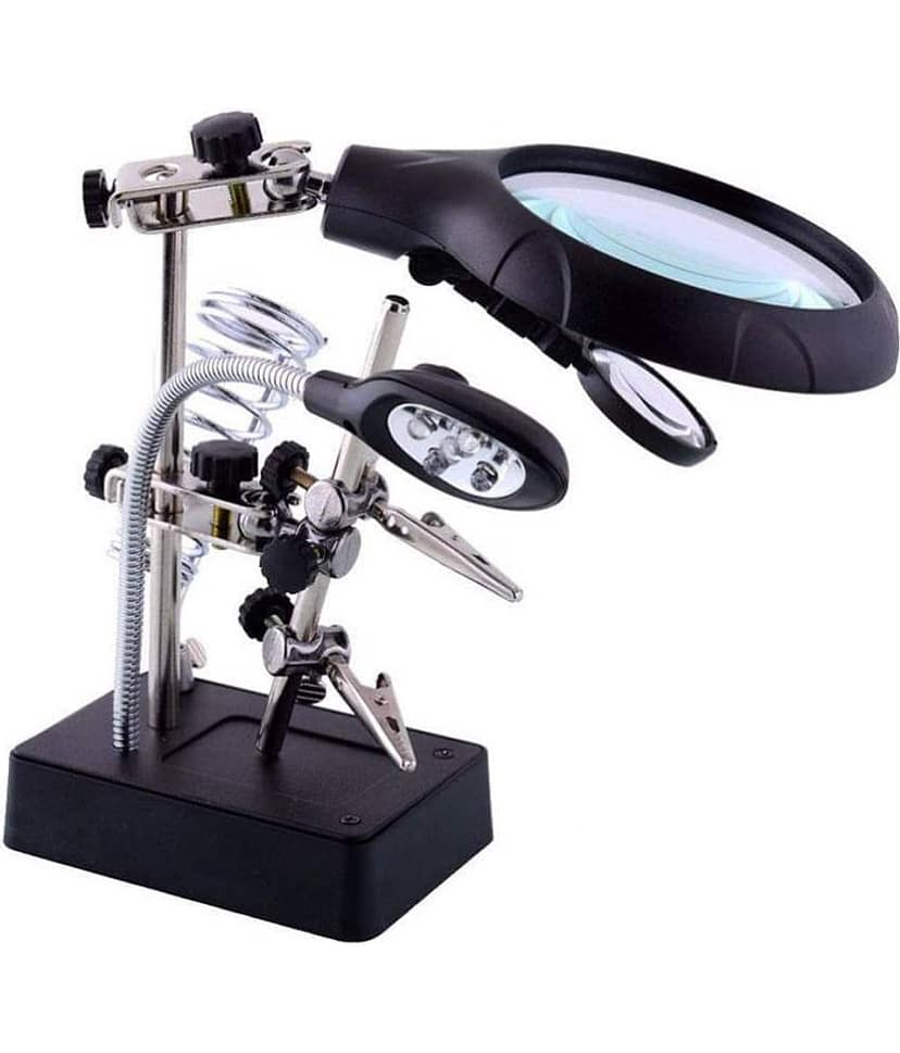Magnifier with Magnifying Glass, Soldering Iron Helping Hand Holder Tool Stand, LED Light and Clamps to Hold PCB Includes Power Supply view 2