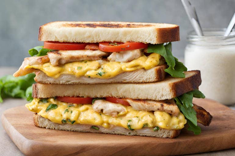 Grilled Chicken And Egg Double Decker Sandwich