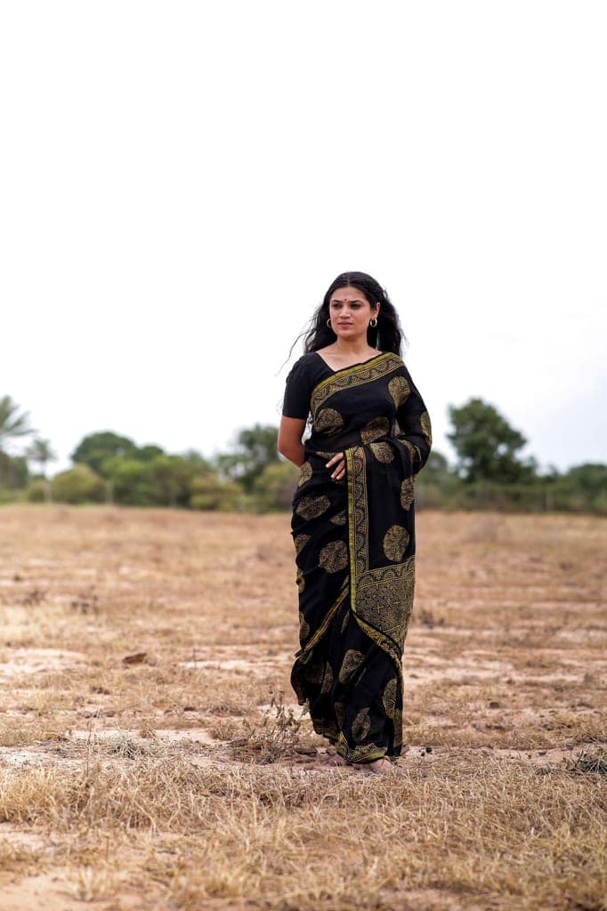Jharokha -Black and green floral silk cotton Ajrakh handblockprinted saree view 3