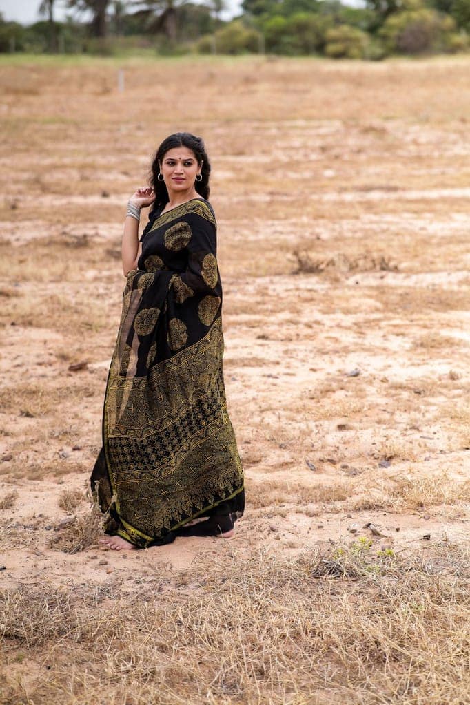 Jharokha -Black and green floral silk cotton Ajrakh handblockprinted saree view 4