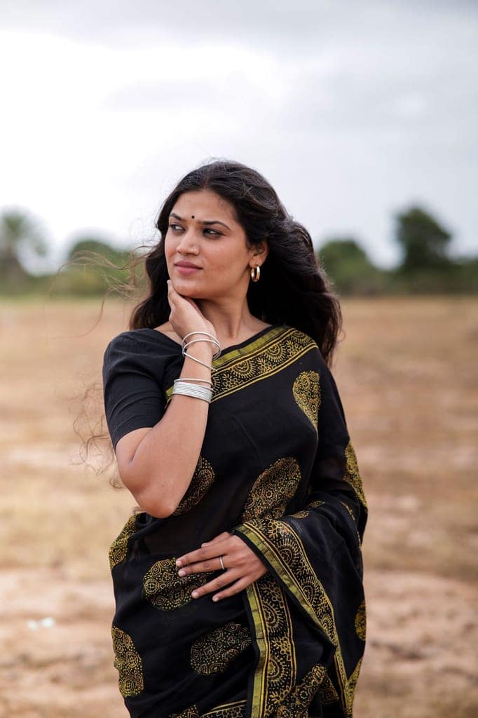Jharokha -Black and green floral silk cotton Ajrakh handblockprinted saree view 6