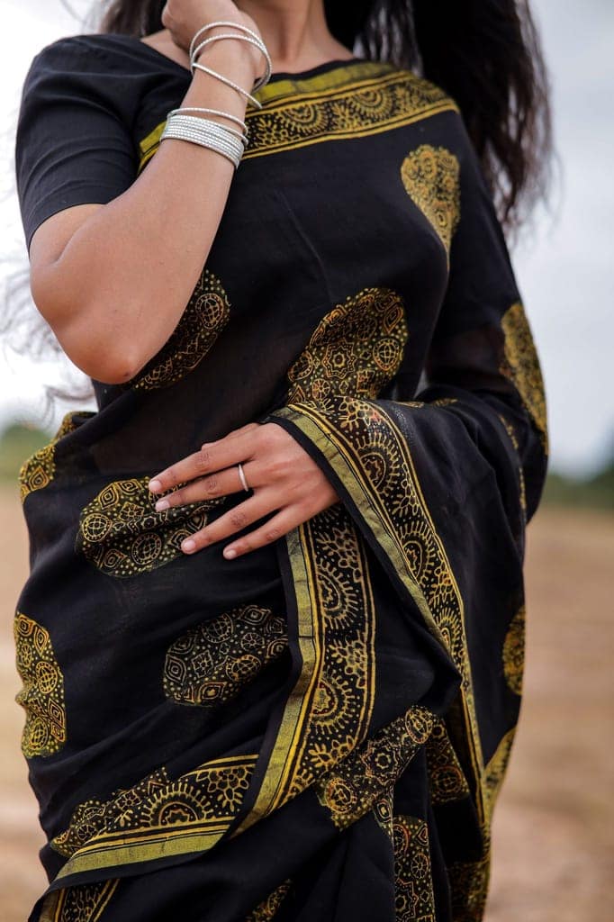 Jharokha -Black and green floral silk cotton Ajrakh handblockprinted saree view 7