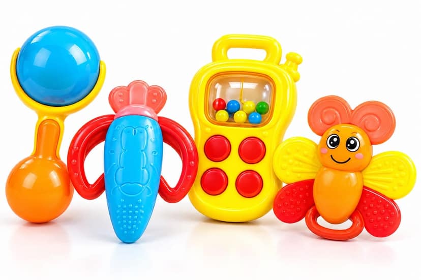 KTRS Enterprise Baby Rattle Toy Set for Infants, 4-Piece Multicolour Sensory Toys with Ball Rattle, Bead Rattle, Textured Teether and Butterfly Toy