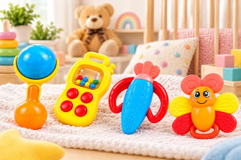 KTRS Enterprise Baby Rattle Toy Set for Infants, 4-Piece Multicolour Sensory Toys with Ball Rattle, Bead Rattle, Textured Teether and Butterfly Toy view 2