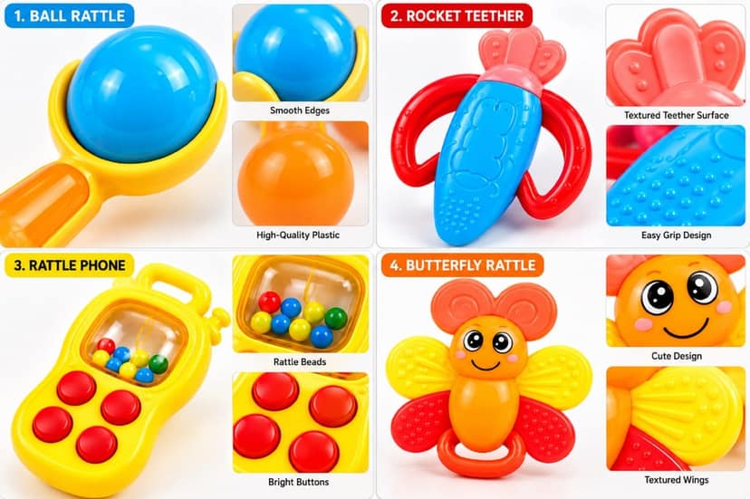 KTRS Enterprise Baby Rattle Toy Set for Infants, 4-Piece Multicolour Sensory Toys with Ball Rattle, Bead Rattle, Textured Teether and Butterfly Toy view 3