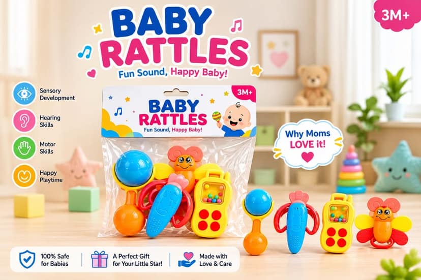 KTRS Enterprise Baby Rattle Toy Set for Infants, 4-Piece Multicolour Sensory Toys with Ball Rattle, Bead Rattle, Textured Teether and Butterfly Toy view 4