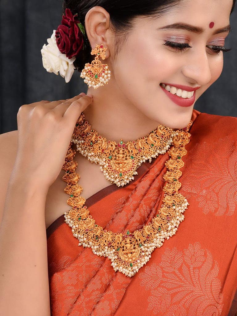Gold Toned Gorgeous Saaddhvi Haram Combo Temple Jewellery Set view 2