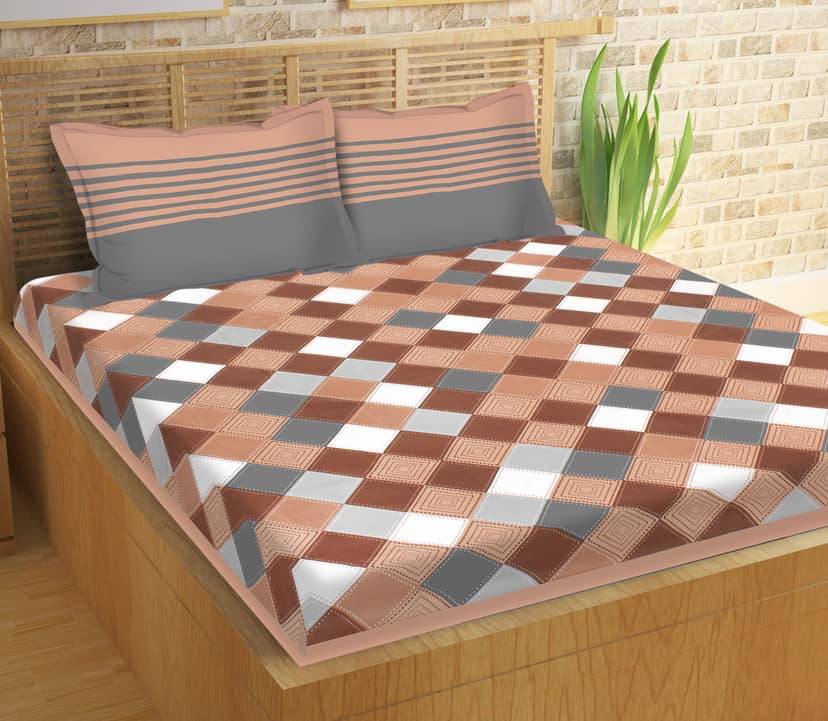 Lali Prints Jaipuri Brown White Geometric Cotton 130 TC Queen Bedsheet 2 Pillow Covers