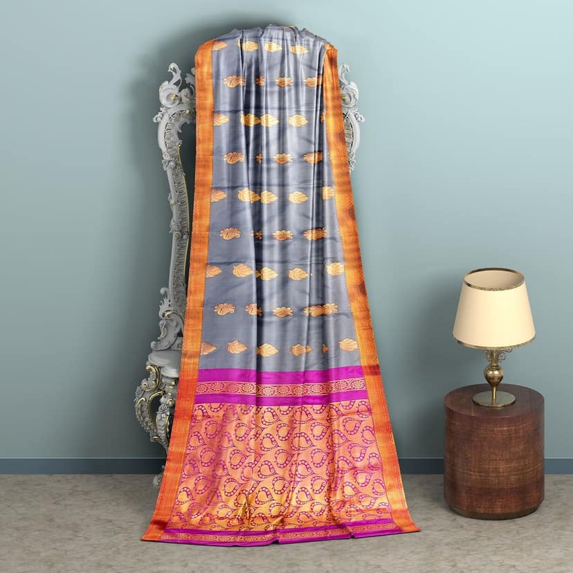 Soft And Breathable Grey Saree With Golden And Pink Border