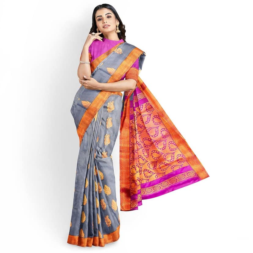 Soft And Breathable Grey Saree With Golden And Pink Border view 2