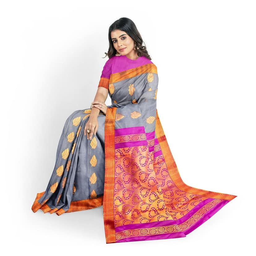 Soft And Breathable Grey Saree With Golden And Pink Border view 3