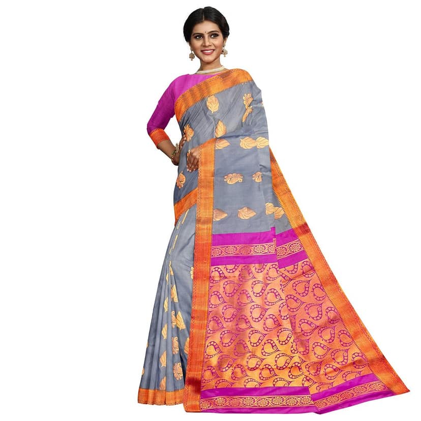 Soft And Breathable Grey Saree With Golden And Pink Border view 4