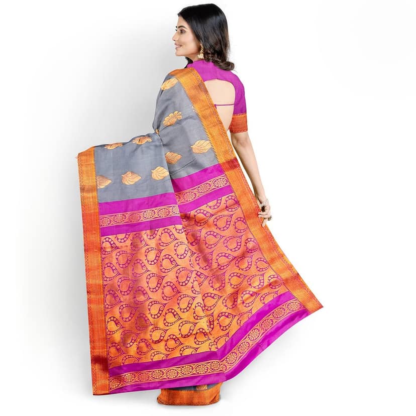 Soft And Breathable Grey Saree With Golden And Pink Border view 5