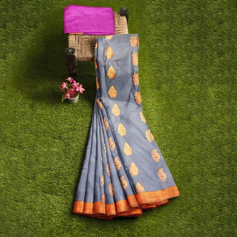 Soft And Breathable Grey Saree With Golden And Pink Border view 6