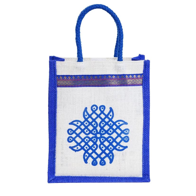 SS Eco-Life Eco-Friendly Jute Bag for Return Gift / Thamboolam Bag with Kolam / Muggu / Rangoli Print for Engagement, Wedding, Baby Shower, Housewarming and Pooja's like Navaratri & Varalakshmi Vratham. Multicolour. view 3