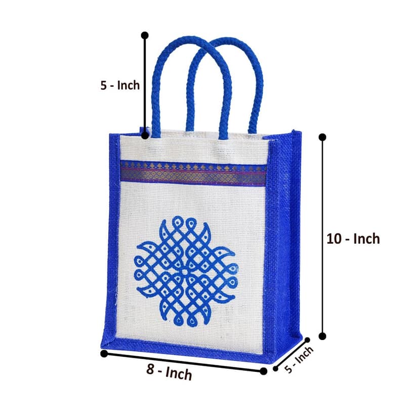 SS Eco-Life Eco-Friendly Jute Bag for Return Gift / Thamboolam Bag with Kolam / Muggu / Rangoli Print for Engagement, Wedding, Baby Shower, Housewarming and Pooja's like Navaratri & Varalakshmi Vratham. Multicolour. view 6