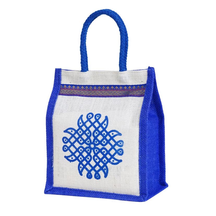 SS Eco-Life Eco-Friendly Jute Bag for Return Gift / Thamboolam Bag with Kolam / Muggu / Rangoli Print for Engagement, Wedding, Baby Shower, Housewarming and Pooja's like Navaratri & Varalakshmi Vratham. Multicolour. view 7