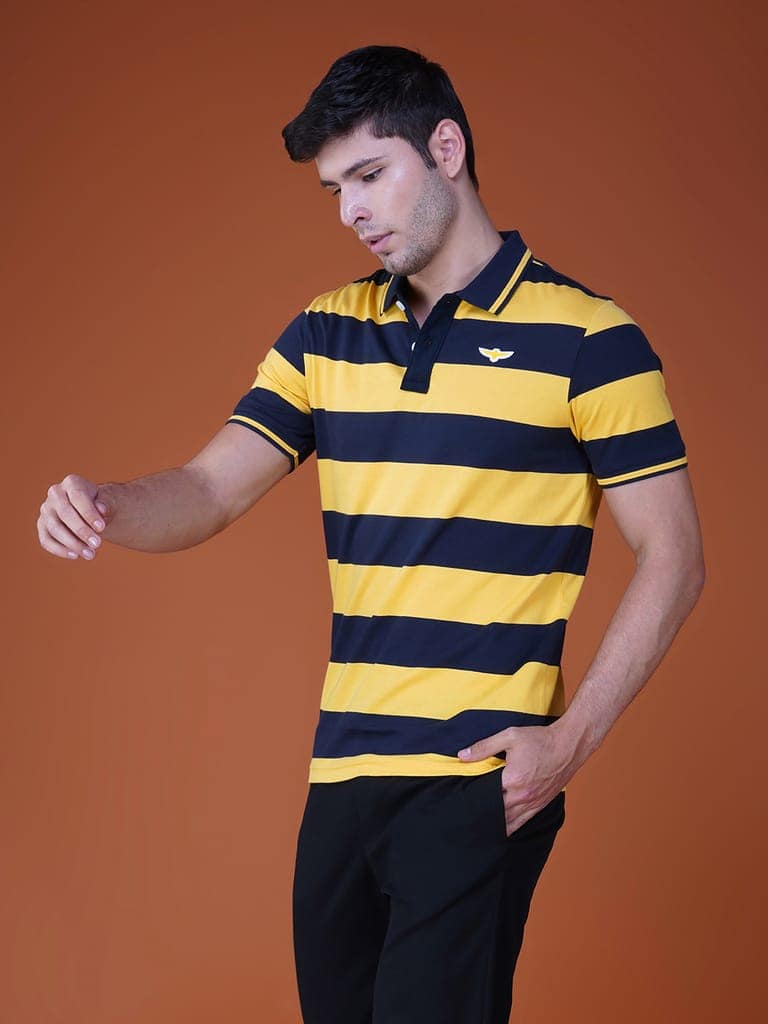 Men's Stripe Polo T-shirt Navy-Yellow