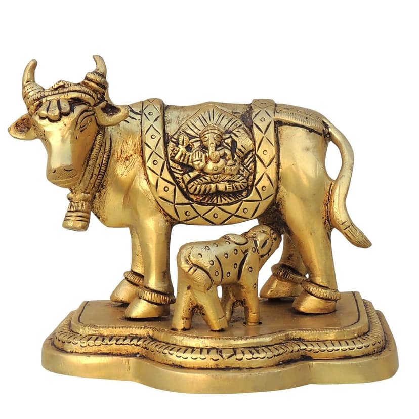 Brass Cow & Calf with Laxmi Ganesh Statue | Divine Puja Decor Set, Height : 4.6 Inch (BSMAS1442 C) view 2