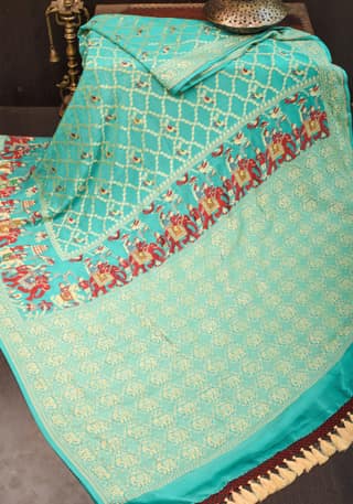 Turquoise Meenakari Pure Silk Georgette Saree with Royal Procession in border | SILK MARK CERTIFIED