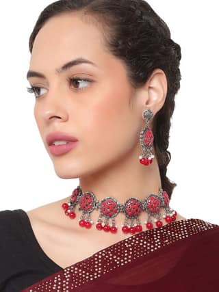 Cardinal Oxidized Silver Color Red Stone Onyx Choker Necklace Set