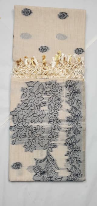 Bomkai Sonepuri Beige Cotton Saree Olive Paisley Buti