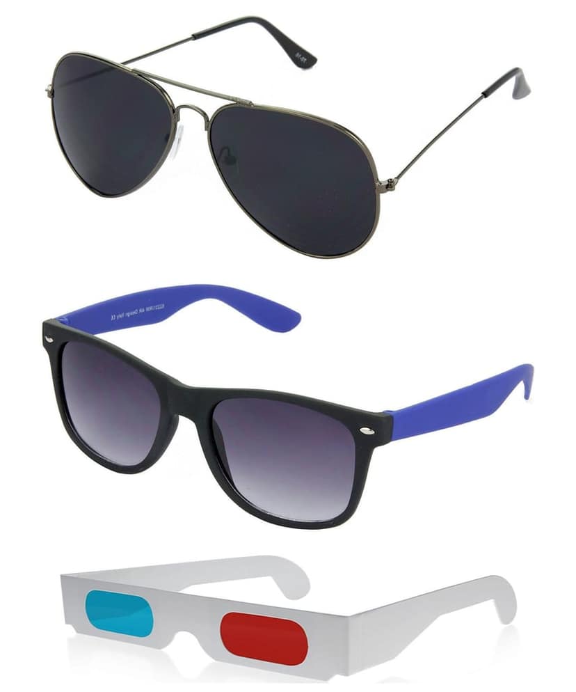 HRINKAR Pilot And Rectangular Stylish Sunglasses For Men And Women (Black And Grey Lens | Grey And Black Frame - HCMB087) With Free Paper 3D Glass