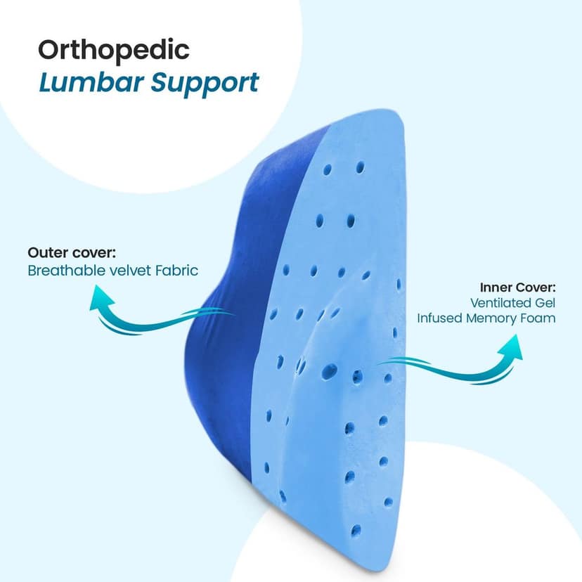 Sleepsia Newly Launched - Gel Infused Ventilated Memory Foam Lumbar Support, Velvet Lumbar Support, Back Support Cushion, Car, Chair, Office Chair Cushion with Removable Cover (Pack of 1) Blue view 3